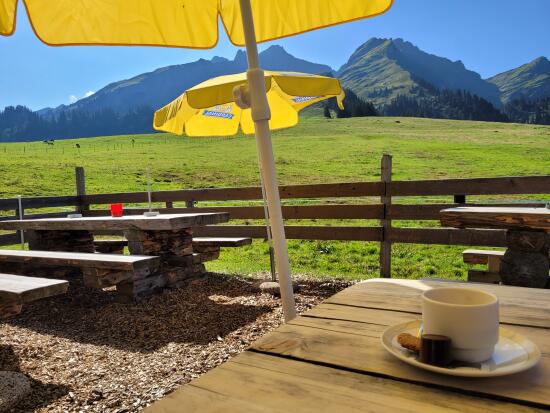 Terrasse des Charmilles en été avec vue sur les montagnes